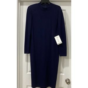 St. John Knit Dress Navy Blue Long Sleeves Size 10 New Mock Neck Zip Up Back